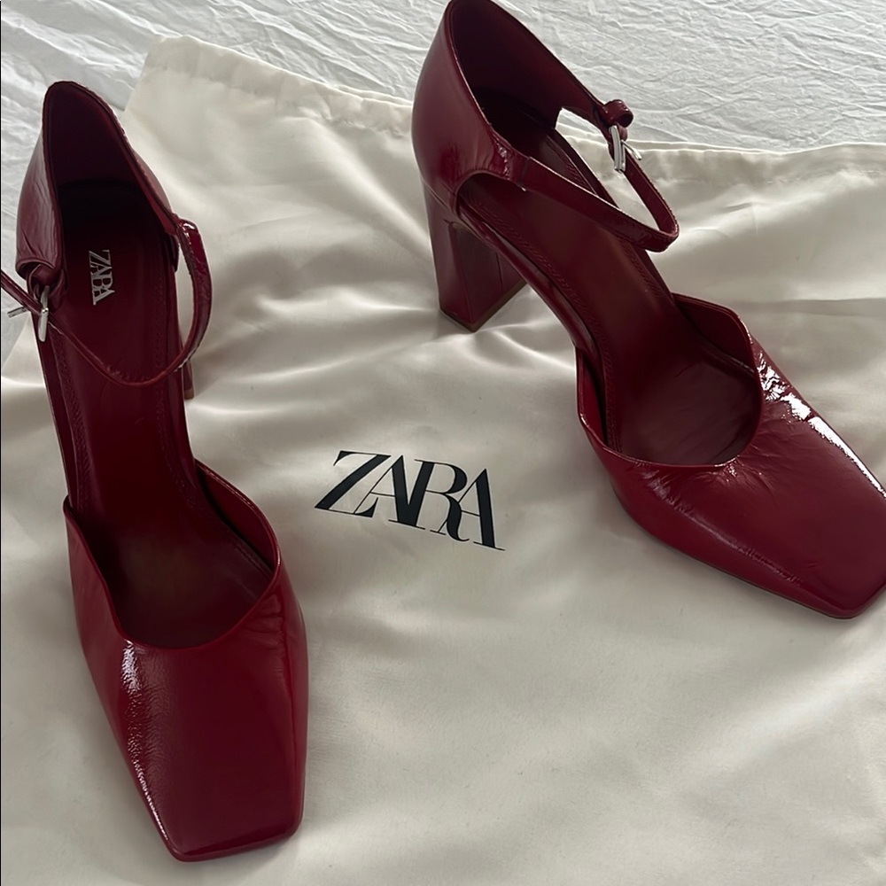 Zara Red Block Heel Mary Jane Shoes